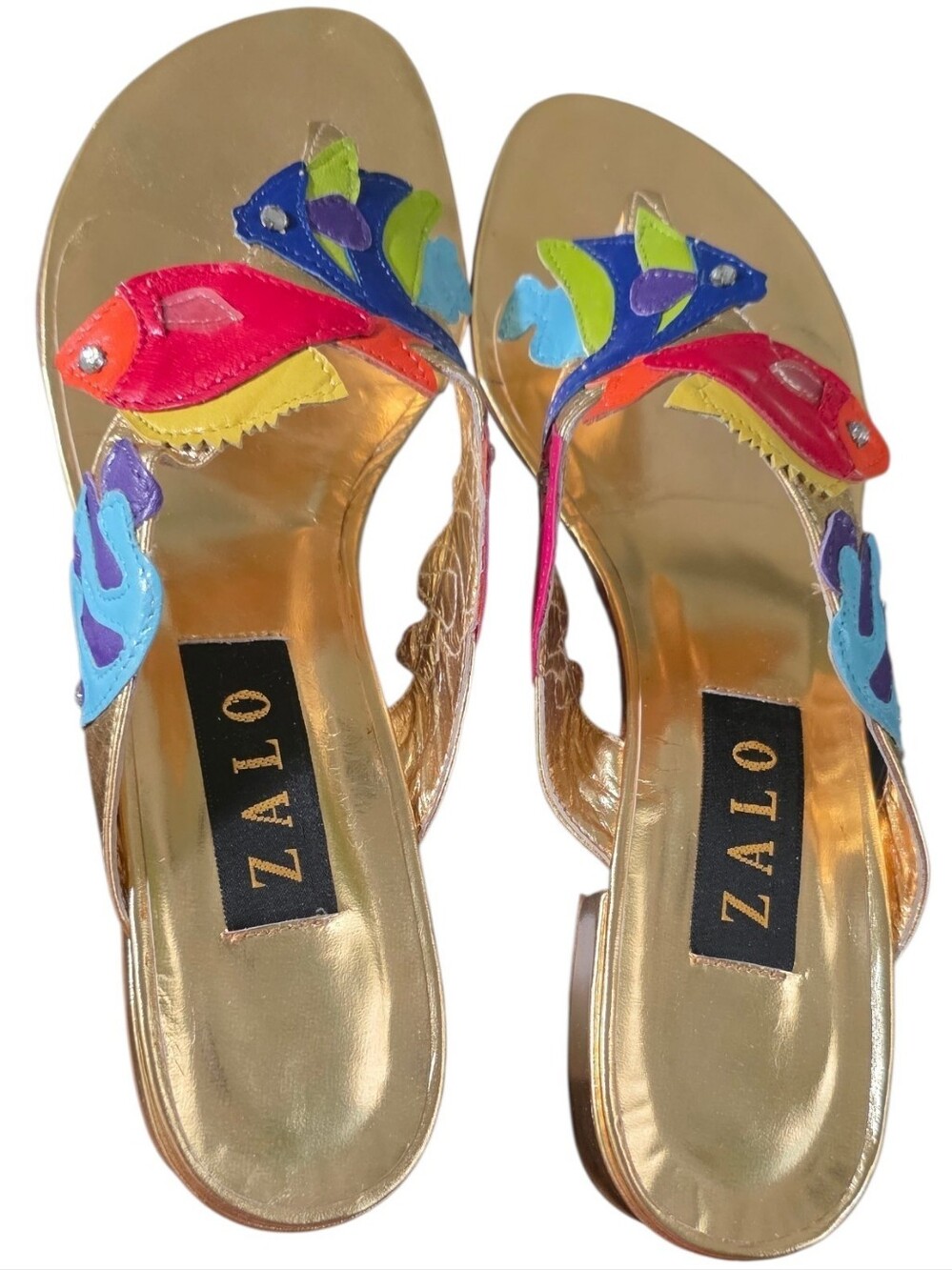 Zalo Gold Leather Sandals with Bright Multicolor Fish Accents